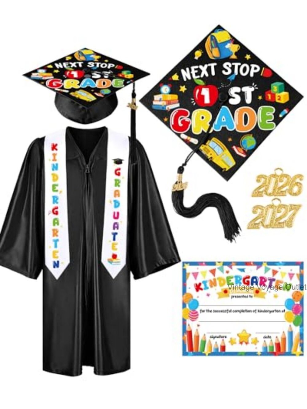 Kids Graduation Cap and Gown Set with Sash Diploma Certificate Preschool